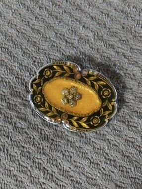 70s Pierre Bex Art Deco Revival Floral Rhinestone Enamel Brooch